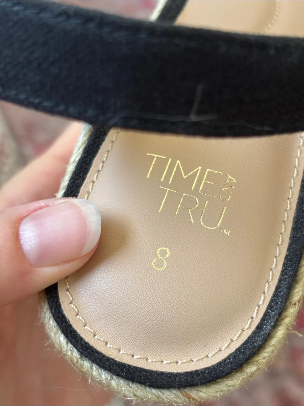 Time and Tru Black Espadrille Wedge Sandals with Gold Buckle